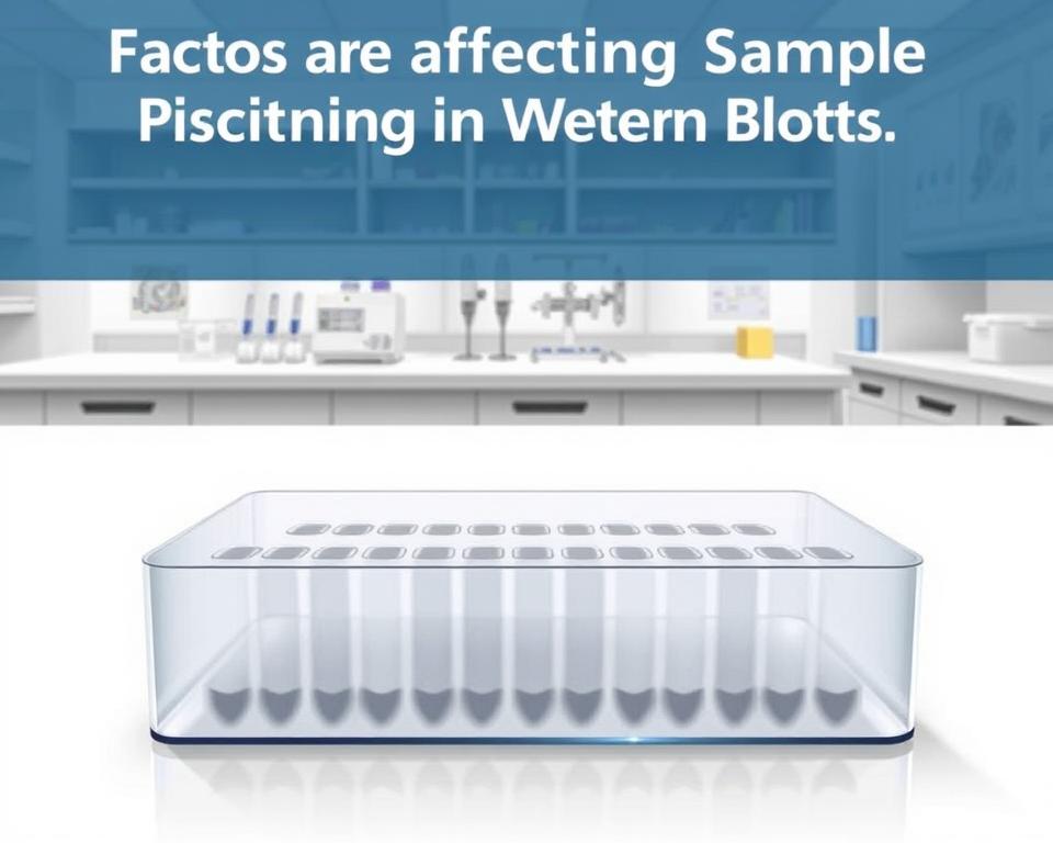 Factors Affecting Sample Positioning in Western Blots: A detailed illustration showcasing a western blot gel setup, with a focus on the various factors influencing sample positioning. In the foreground, a transparent glass or plastic container holds the gel, with neatly aligned sample wells. The middle ground depicts a laboratory workbench, complete with pipettes, buffers, and other necessary equipment. The background features a clean, well-lit laboratory environment, with subtle technical diagrams or instructions visible on the walls. The overall scene conveys a sense of precision, attention to detail, and the importance of proper sample positioning for accurate western blot analysis.